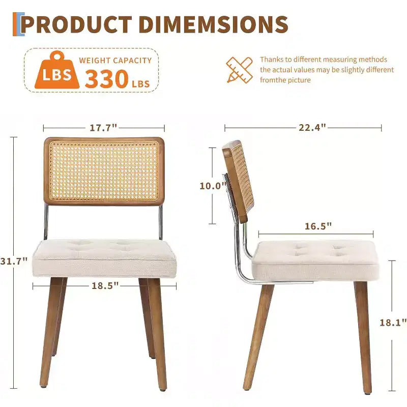 Set di 2 sedie da pranzo in rattan naturale, imbottite in lino con schienale alto in canna e gambe in legno per sala da pranzo/cucina, beige.