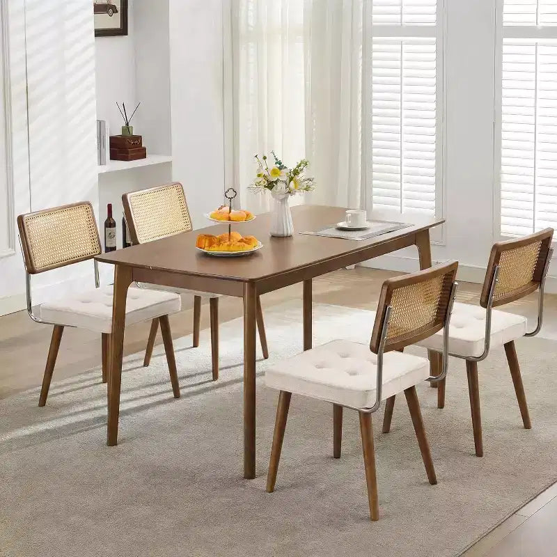 Set di 2 sedie da pranzo in rattan naturale, imbottite in lino con schienale alto in canna e gambe in legno per sala da pranzo/cucina, beige.