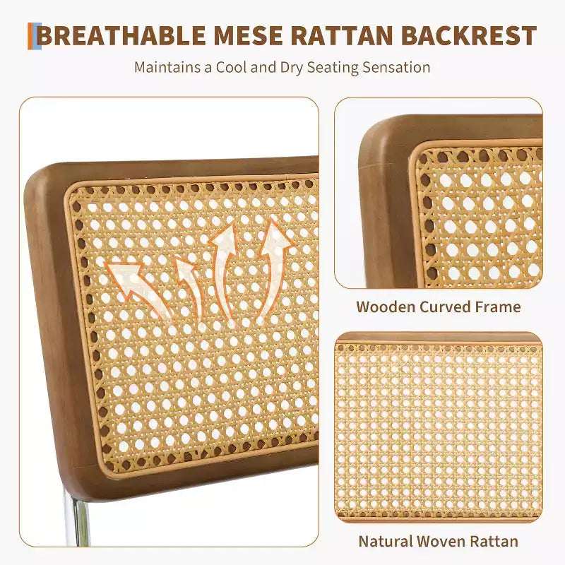 Set di 2 sedie da pranzo in rattan naturale, imbottite in lino con schienale alto in canna e gambe in legno per sala da pranzo/cucina, beige.