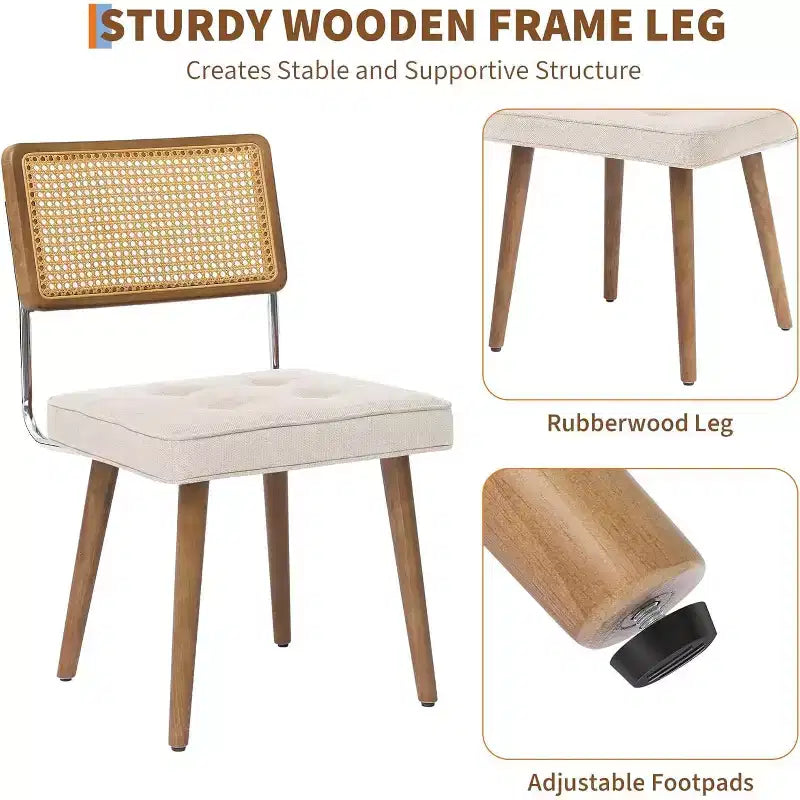 Set di 2 sedie da pranzo in rattan naturale, imbottite in lino con schienale alto in canna e gambe in legno per sala da pranzo/cucina, beige.