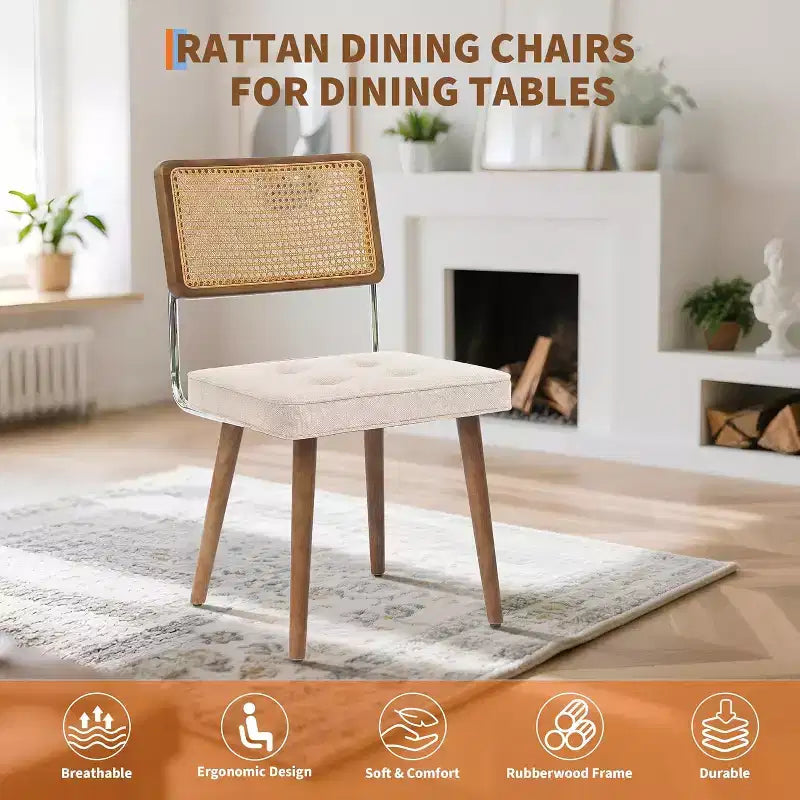 Set di 2 sedie da pranzo in rattan naturale, imbottite in lino con schienale alto in canna e gambe in legno per sala da pranzo/cucina, beige.