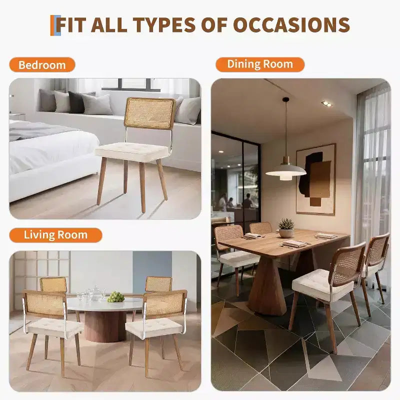 Set di 2 sedie da pranzo in rattan naturale, imbottite in lino con schienale alto in canna e gambe in legno per sala da pranzo/cucina, beige.