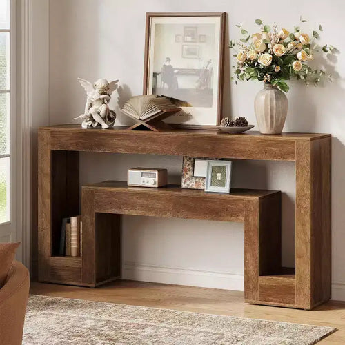 Lantine 63-Inch Long Console Table, 2-Tier Wood Farmhouse Sofa Table Behind Couch, Narrow Entryway Table for Hallway, Living Room