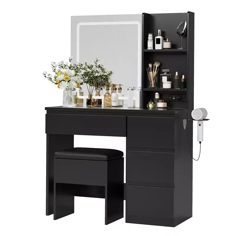 Modern Vanity Desk with Mirror and led light, 4 Drawers Storage Stool Shelves Hair Dryer Holder Makeup Table for Bedroom, Black