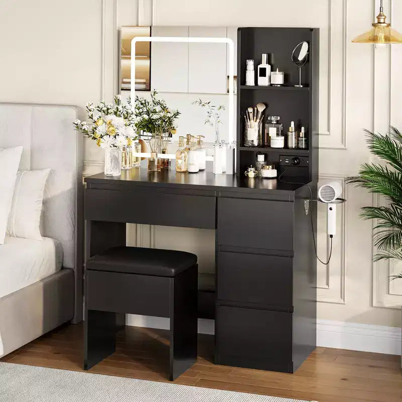 Moderna toeletta con specchio e luce LED, 4 cassetti, sgabello contenitore, mensole, porta asciugacapelli, tavolo da trucco per camera da letto, nero