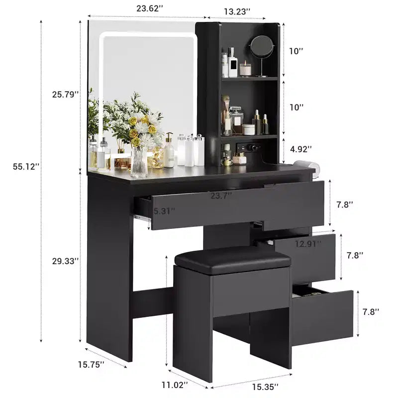 Moderna toeletta con specchio e luce LED, 4 cassetti, sgabello contenitore, mensole, porta asciugacapelli, tavolo da trucco per camera da letto, nero
