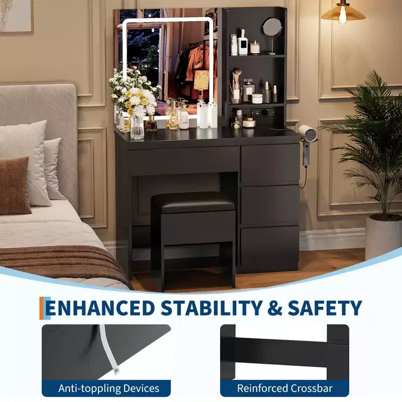 Moderna toeletta con specchio e luce LED, 4 cassetti, sgabello contenitore, mensole, porta asciugacapelli, tavolo da trucco per camera da letto, nero