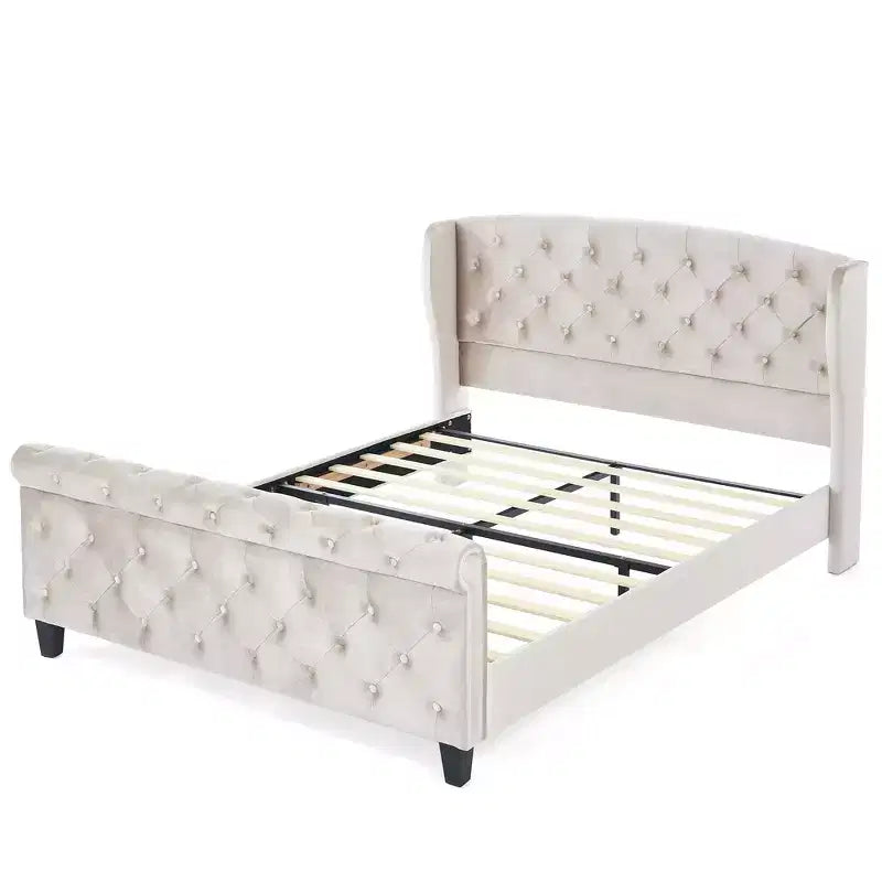 Telaio Letto Queen a Slitta da 43,3'' con Testiera a Orecchioni, Pediera a Volute, Velluto Trapuntato a Bottoni, Ferramenta Antiruggine, Supporto Robusto