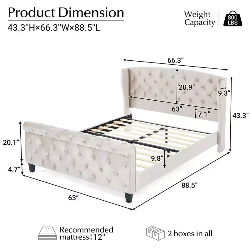 Telaio Letto Queen a Slitta da 43,3'' con Testiera a Orecchioni, Pediera a Volute, Velluto Trapuntato a Bottoni, Ferramenta Antiruggine, Supporto Robusto