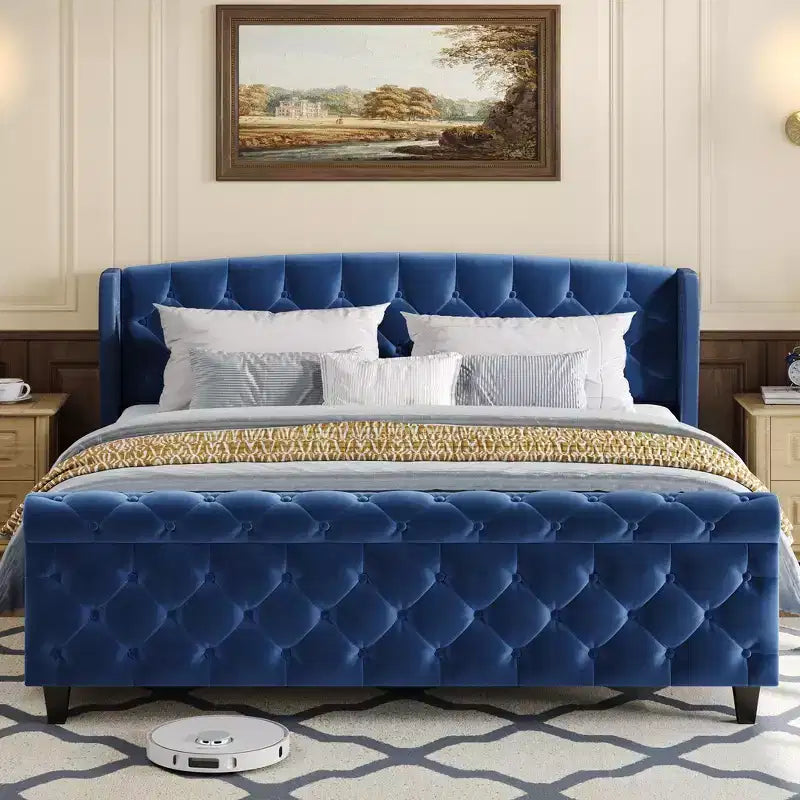 Telaio Letto Queen a Slitta da 43,3'' con Testiera a Orecchioni, Pediera a Volute, Velluto Trapuntato a Bottoni, Ferramenta Antiruggine, Supporto Robusto