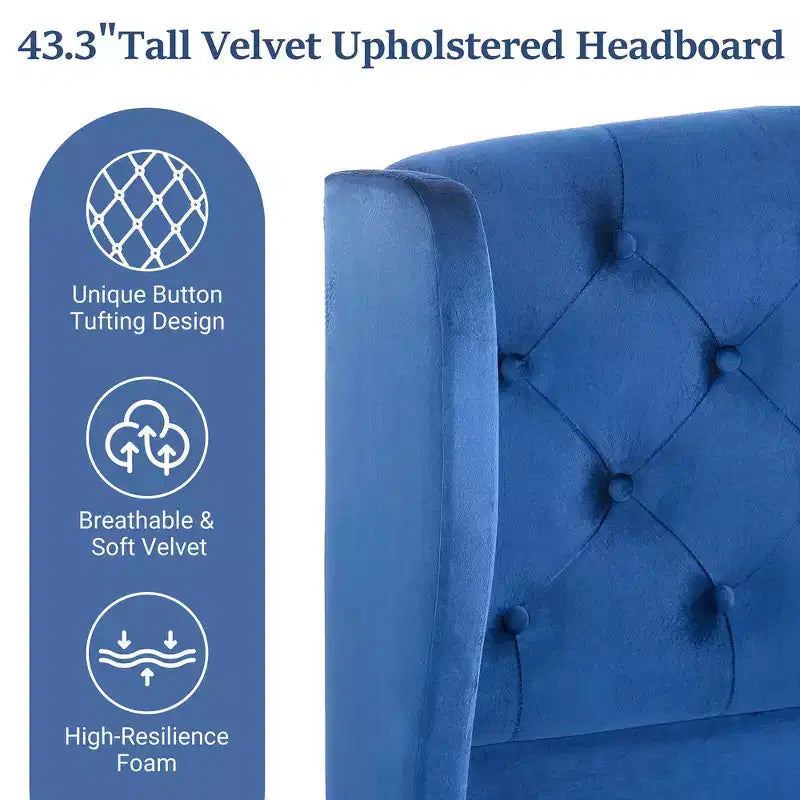 Telaio Letto Queen a Slitta da 43,3'' con Testiera a Orecchioni, Pediera a Volute, Velluto Trapuntato a Bottoni, Ferramenta Antiruggine, Supporto Robusto