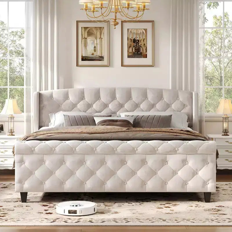 Telaio Letto Queen a Slitta da 43,3'' con Testiera a Orecchioni, Pediera a Volute, Velluto Trapuntato a Bottoni, Ferramenta Antiruggine, Supporto Robusto