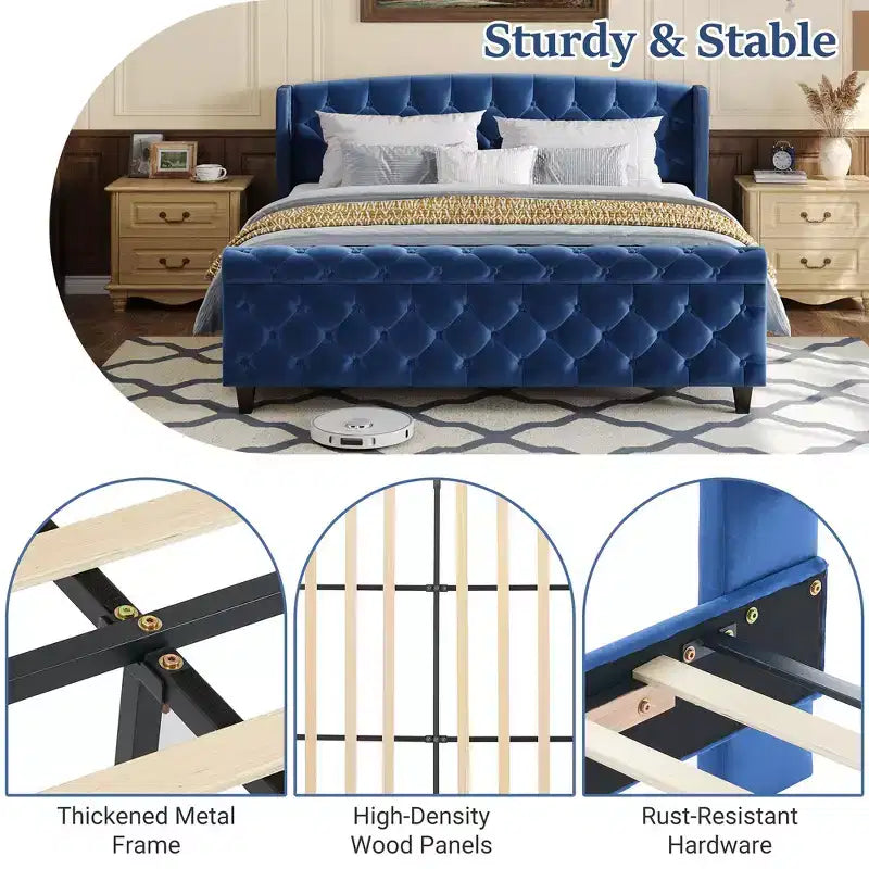 Telaio Letto Queen a Slitta da 43,3'' con Testiera a Orecchioni, Pediera a Volute, Velluto Trapuntato a Bottoni, Ferramenta Antiruggine, Supporto Robusto