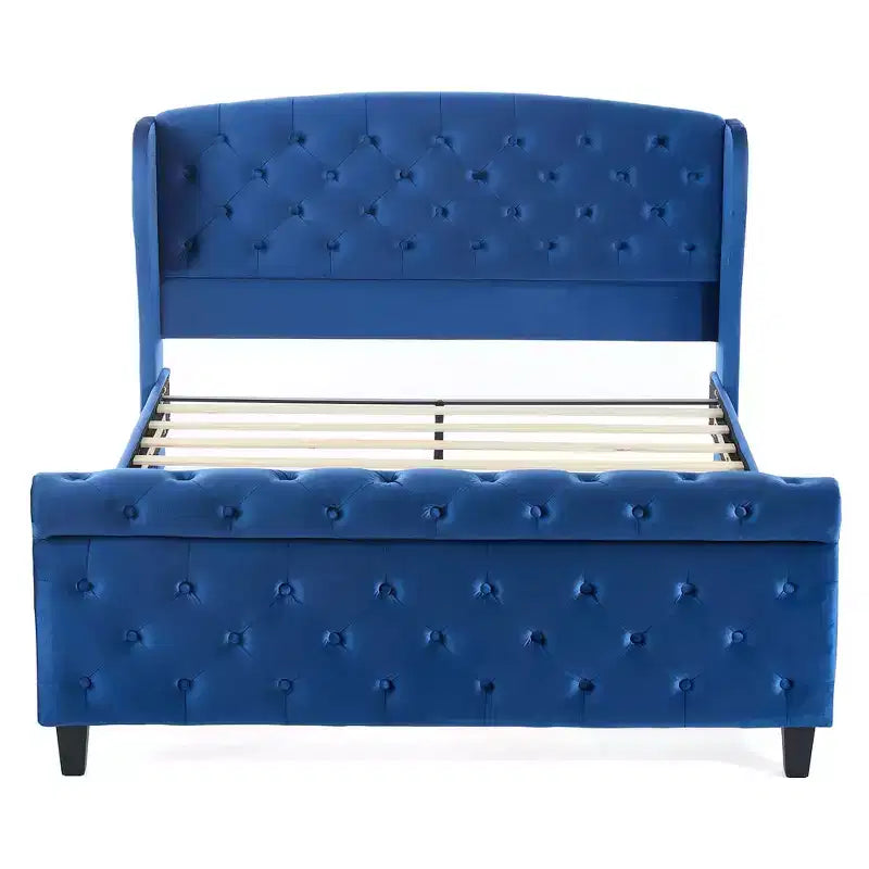 Telaio Letto Queen a Slitta da 43,3'' con Testiera a Orecchioni, Pediera a Volute, Velluto Trapuntato a Bottoni, Ferramenta Antiruggine, Supporto Robusto