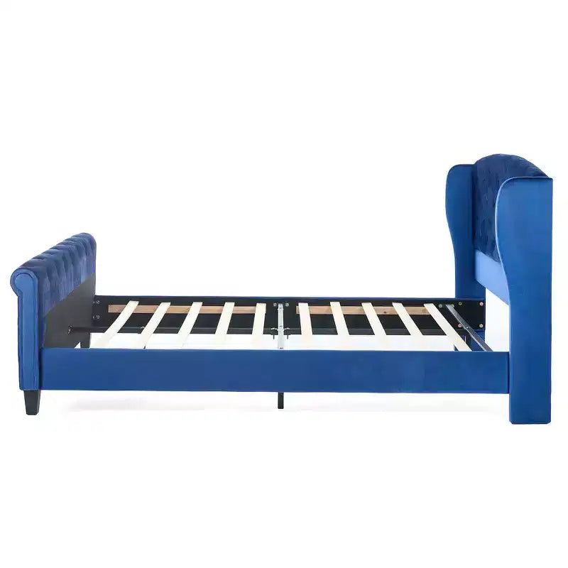Telaio Letto Queen a Slitta da 43,3'' con Testiera a Orecchioni, Pediera a Volute, Velluto Trapuntato a Bottoni, Ferramenta Antiruggine, Supporto Robusto
