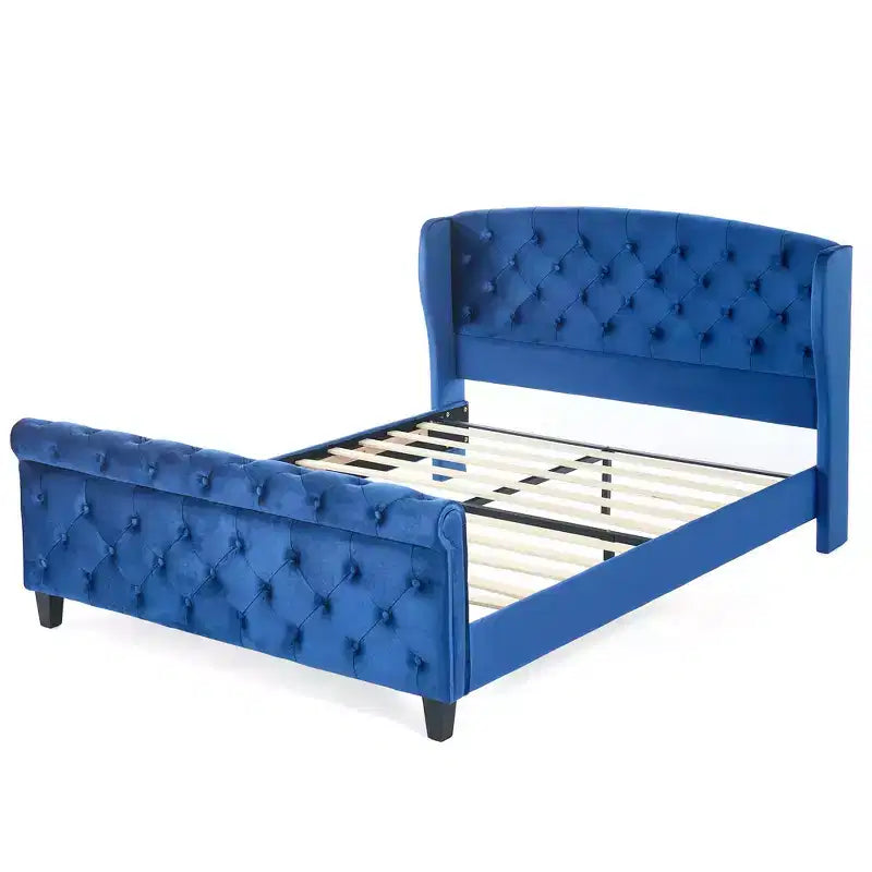 Telaio Letto Queen a Slitta da 43,3'' con Testiera a Orecchioni, Pediera a Volute, Velluto Trapuntato a Bottoni, Ferramenta Antiruggine, Supporto Robusto