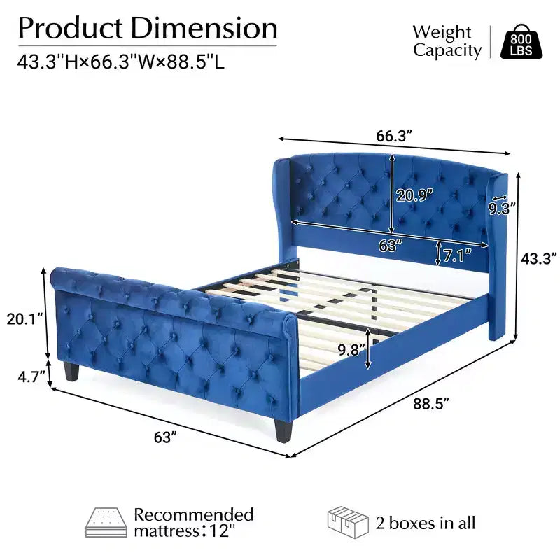 Telaio Letto Queen a Slitta da 43,3'' con Testiera a Orecchioni, Pediera a Volute, Velluto Trapuntato a Bottoni, Ferramenta Antiruggine, Supporto Robusto