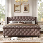Telaio Letto Queen a Slitta da 43,3'' con Testiera a Orecchioni, Pediera a Volute, Velluto Trapuntato a Bottoni, Ferramenta Antiruggine, Supporto Robusto