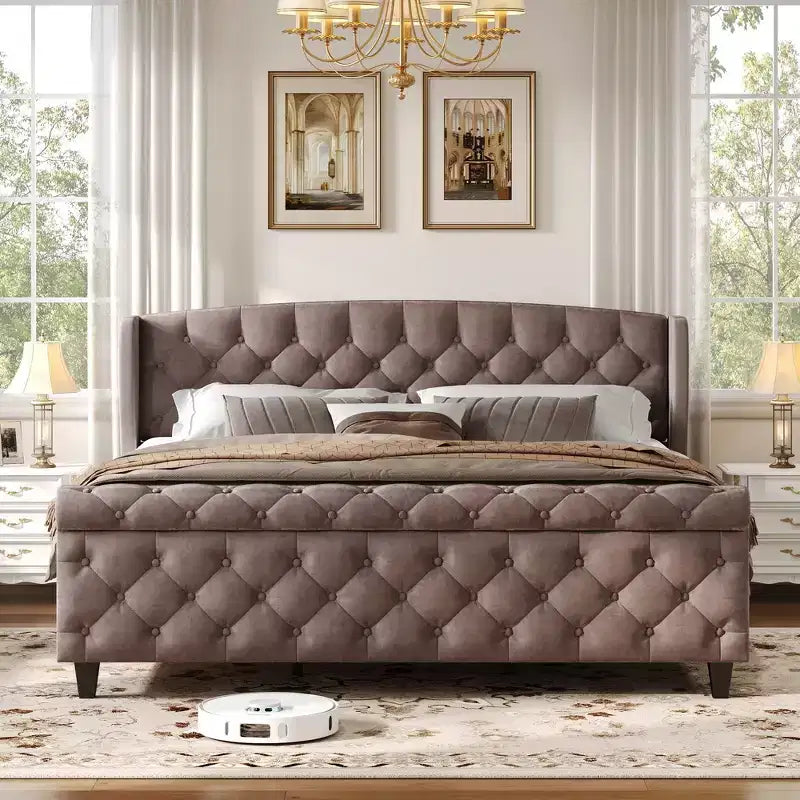 Telaio Letto Queen a Slitta da 43,3'' con Testiera a Orecchioni, Pediera a Volute, Velluto Trapuntato a Bottoni, Ferramenta Antiruggine, Supporto Robusto