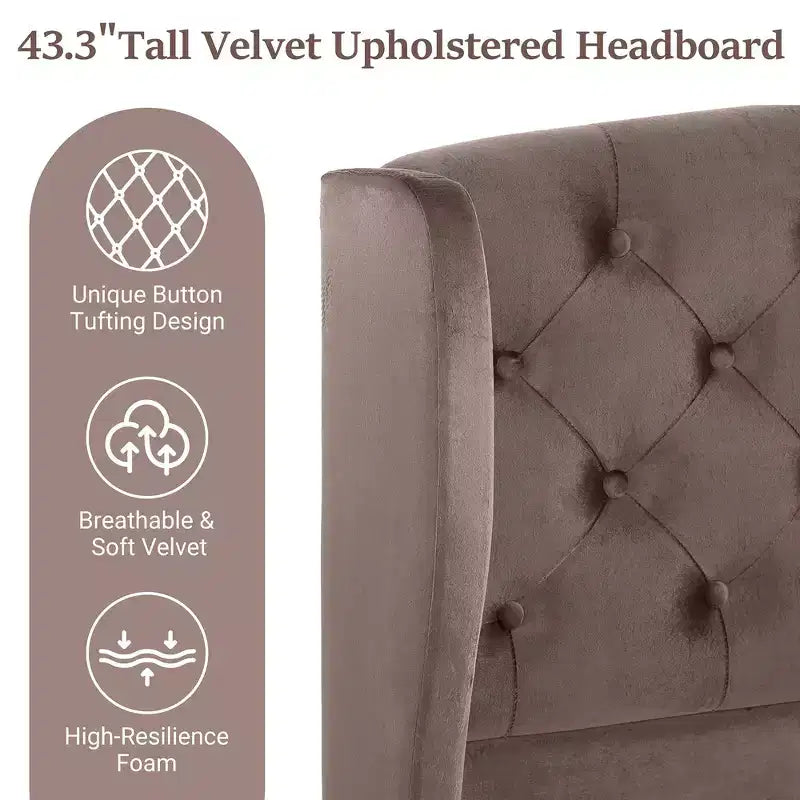 Telaio Letto Queen a Slitta da 43,3'' con Testiera a Orecchioni, Pediera a Volute, Velluto Trapuntato a Bottoni, Ferramenta Antiruggine, Supporto Robusto