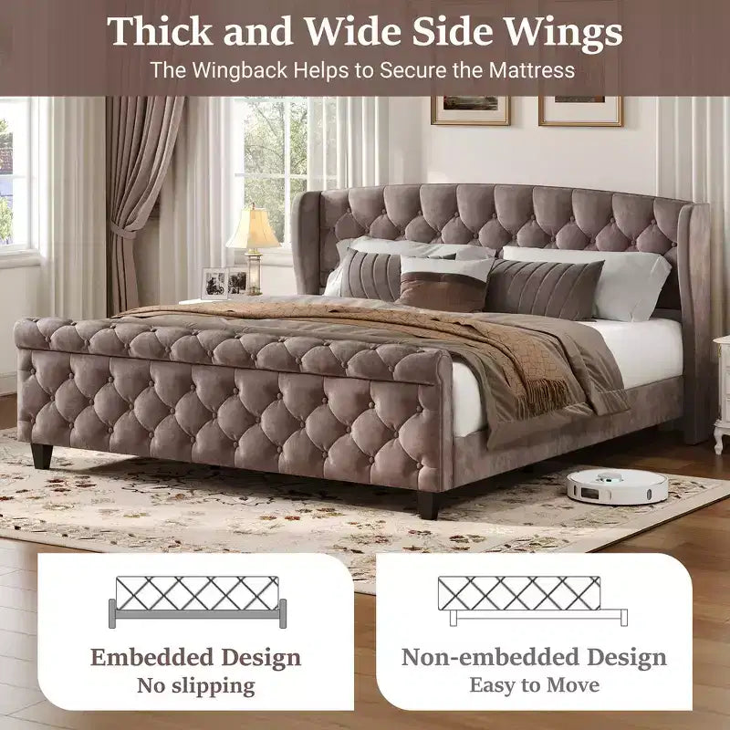 Telaio Letto Queen a Slitta da 43,3'' con Testiera a Orecchioni, Pediera a Volute, Velluto Trapuntato a Bottoni, Ferramenta Antiruggine, Supporto Robusto