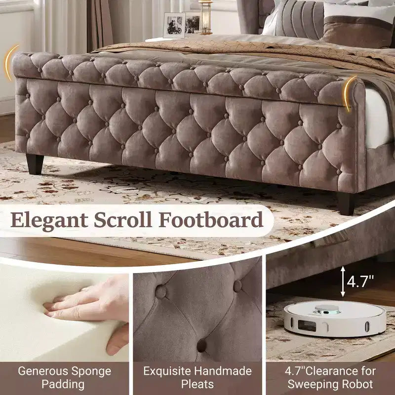 Telaio Letto Queen a Slitta da 43,3'' con Testiera a Orecchioni, Pediera a Volute, Velluto Trapuntato a Bottoni, Ferramenta Antiruggine, Supporto Robusto