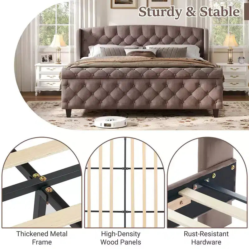 Telaio Letto Queen a Slitta da 43,3'' con Testiera a Orecchioni, Pediera a Volute, Velluto Trapuntato a Bottoni, Ferramenta Antiruggine, Supporto Robusto