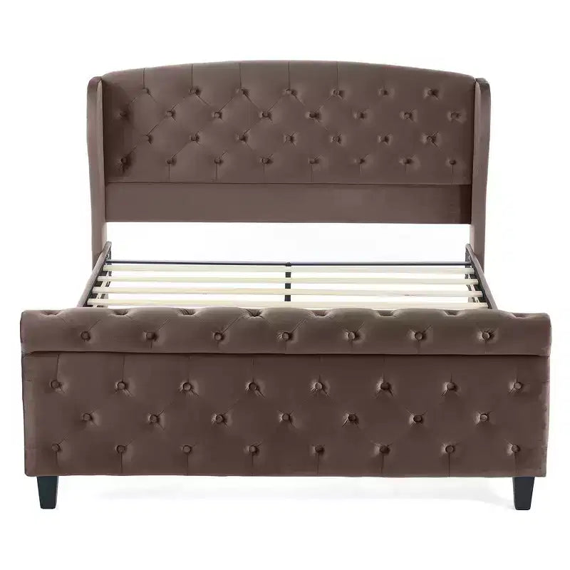 Telaio Letto Queen a Slitta da 43,3'' con Testiera a Orecchioni, Pediera a Volute, Velluto Trapuntato a Bottoni, Ferramenta Antiruggine, Supporto Robusto