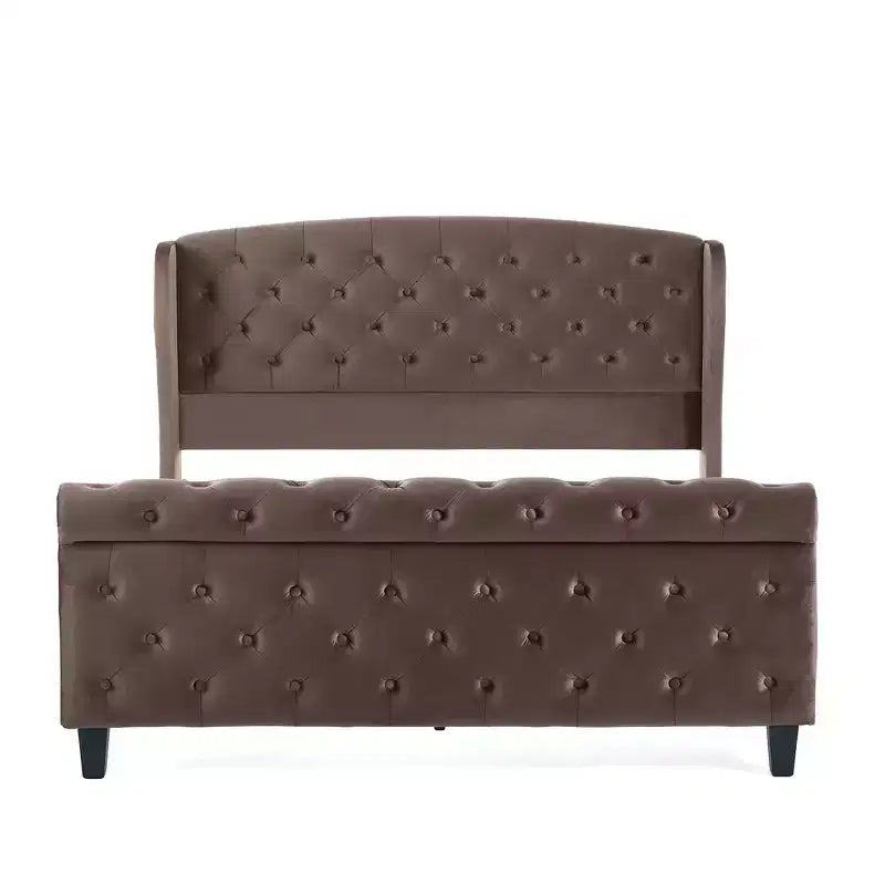 Telaio Letto Queen a Slitta da 43,3'' con Testiera a Orecchioni, Pediera a Volute, Velluto Trapuntato a Bottoni, Ferramenta Antiruggine, Supporto Robusto