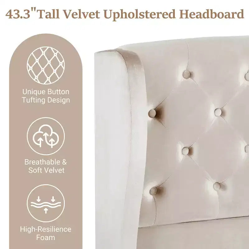 Telaio Letto Queen a Slitta da 43,3'' con Testiera a Orecchioni, Pediera a Volute, Velluto Trapuntato a Bottoni, Ferramenta Antiruggine, Supporto Robusto
