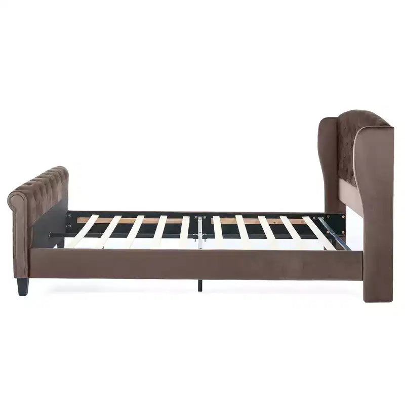Telaio Letto Queen a Slitta da 43,3'' con Testiera a Orecchioni, Pediera a Volute, Velluto Trapuntato a Bottoni, Ferramenta Antiruggine, Supporto Robusto