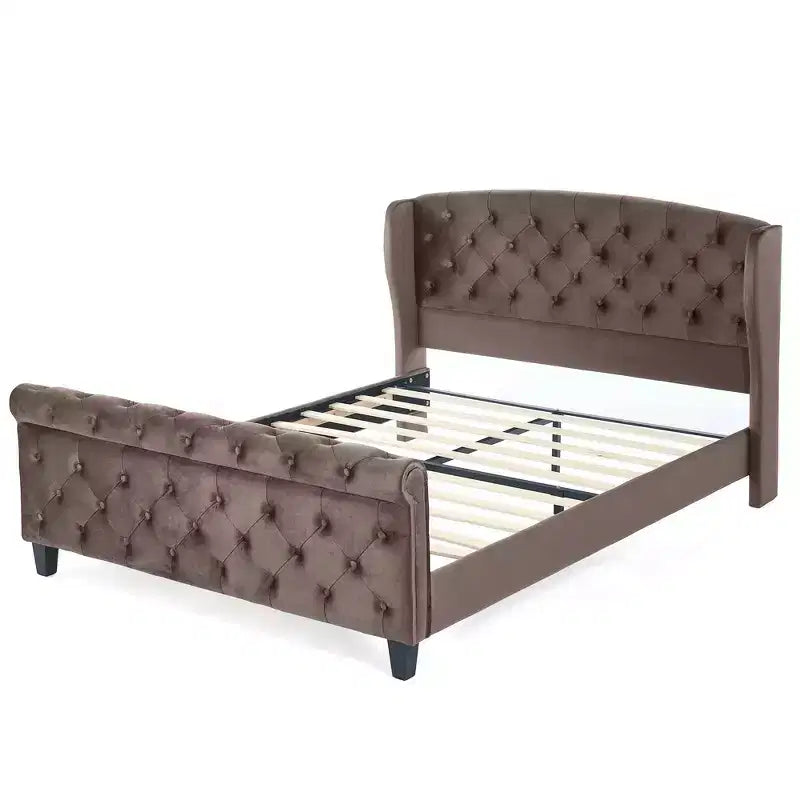 Telaio Letto Queen a Slitta da 43,3'' con Testiera a Orecchioni, Pediera a Volute, Velluto Trapuntato a Bottoni, Ferramenta Antiruggine, Supporto Robusto