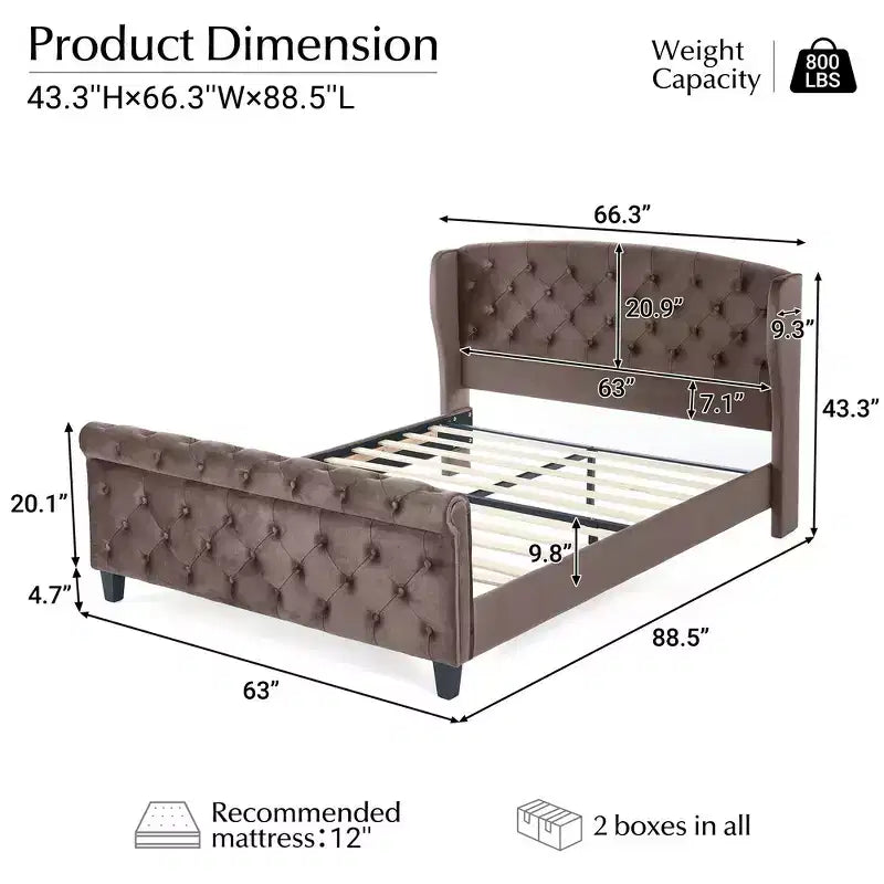 Telaio Letto Queen a Slitta da 43,3'' con Testiera a Orecchioni, Pediera a Volute, Velluto Trapuntato a Bottoni, Ferramenta Antiruggine, Supporto Robusto