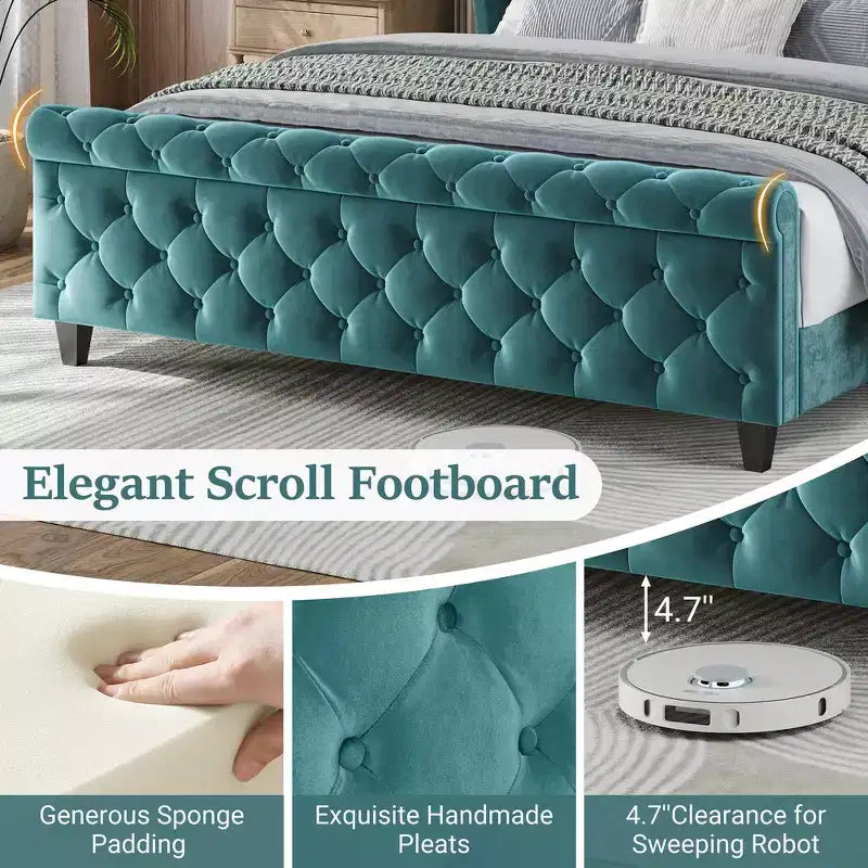 Telaio Letto Queen a Slitta da 43,3'' con Testiera a Orecchioni, Pediera a Volute, Velluto Trapuntato a Bottoni, Ferramenta Antiruggine, Supporto Robusto