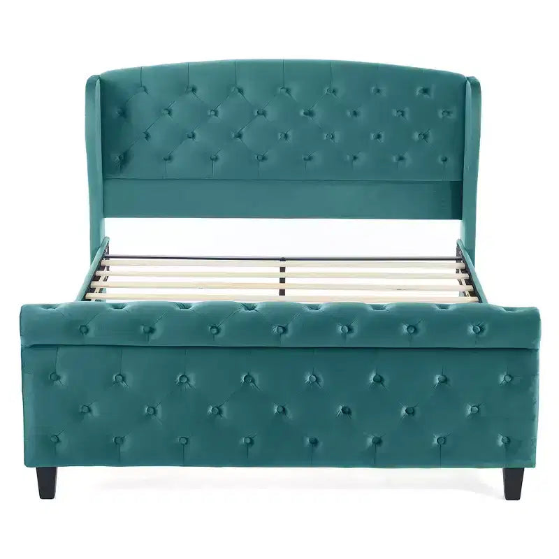 Telaio Letto Queen a Slitta da 43,3'' con Testiera a Orecchioni, Pediera a Volute, Velluto Trapuntato a Bottoni, Ferramenta Antiruggine, Supporto Robusto