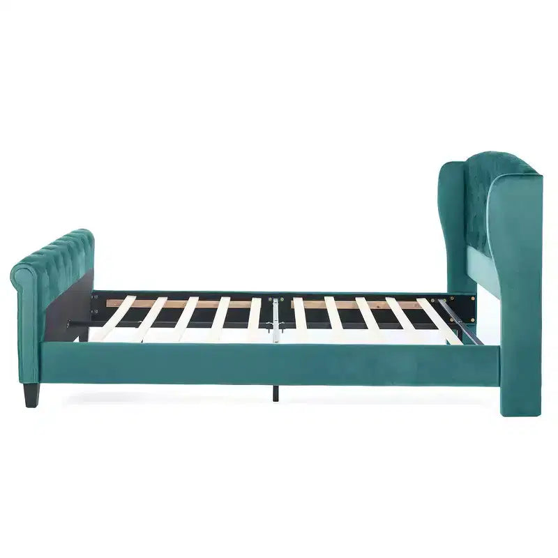 Telaio Letto Queen a Slitta da 43,3'' con Testiera a Orecchioni, Pediera a Volute, Velluto Trapuntato a Bottoni, Ferramenta Antiruggine, Supporto Robusto