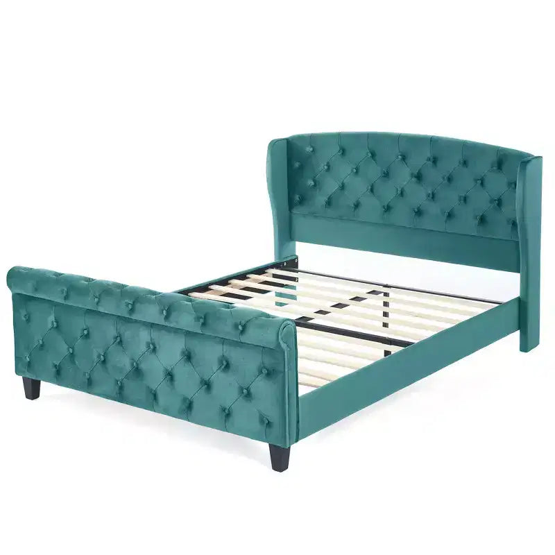 Telaio Letto Queen a Slitta da 43,3'' con Testiera a Orecchioni, Pediera a Volute, Velluto Trapuntato a Bottoni, Ferramenta Antiruggine, Supporto Robusto