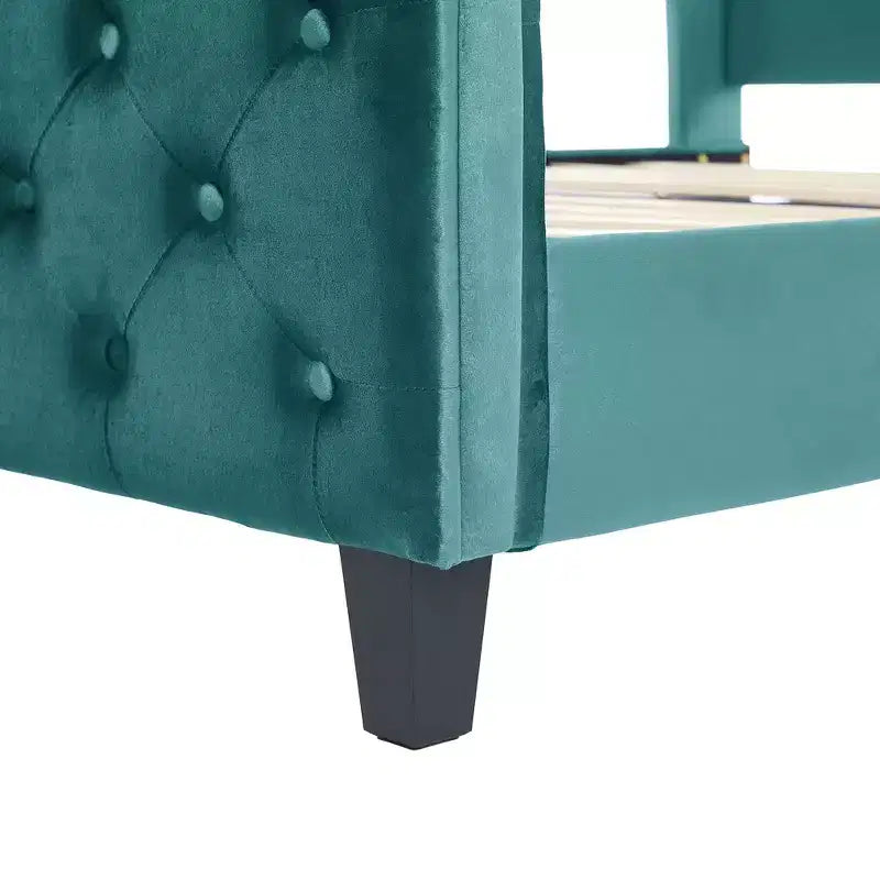 Telaio Letto Queen a Slitta da 43,3'' con Testiera a Orecchioni, Pediera a Volute, Velluto Trapuntato a Bottoni, Ferramenta Antiruggine, Supporto Robusto