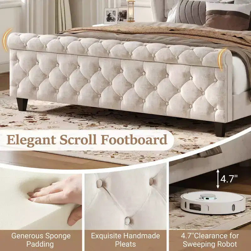 Telaio Letto Queen a Slitta da 43,3'' con Testiera a Orecchioni, Pediera a Volute, Velluto Trapuntato a Bottoni, Ferramenta Antiruggine, Supporto Robusto