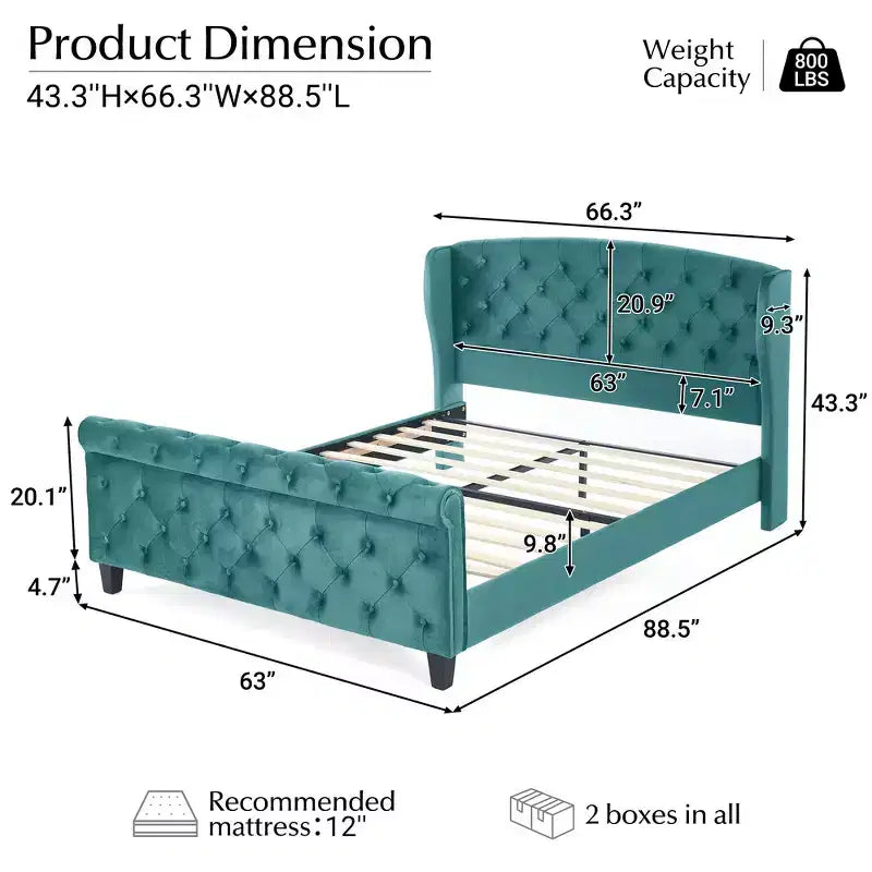 Telaio Letto Queen a Slitta da 43,3'' con Testiera a Orecchioni, Pediera a Volute, Velluto Trapuntato a Bottoni, Ferramenta Antiruggine, Supporto Robusto