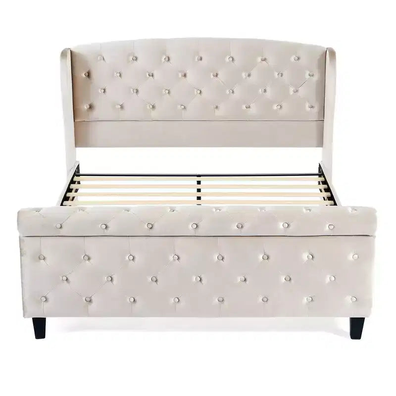 Telaio Letto Queen a Slitta da 43,3'' con Testiera a Orecchioni, Pediera a Volute, Velluto Trapuntato a Bottoni, Ferramenta Antiruggine, Supporto Robusto