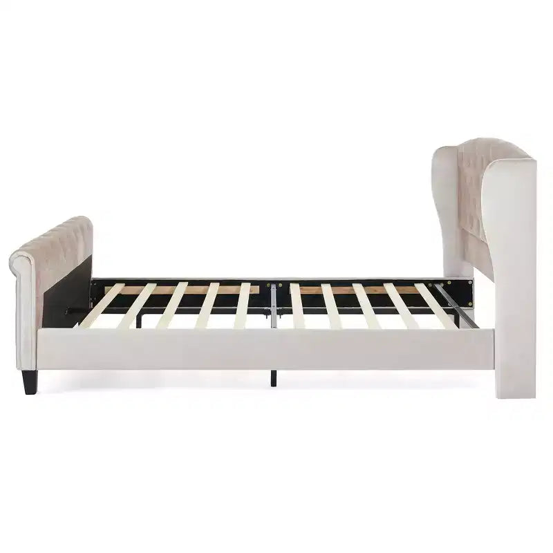 Telaio Letto Queen a Slitta da 43,3'' con Testiera a Orecchioni, Pediera a Volute, Velluto Trapuntato a Bottoni, Ferramenta Antiruggine, Supporto Robusto