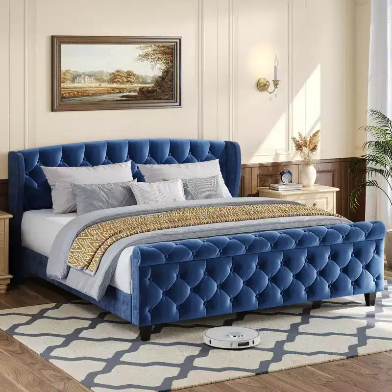 Telaio Letto Queen a Slitta da 43,3'' con Testiera a Orecchioni, Pediera a Volute, Velluto Trapuntato a Bottoni, Ferramenta Antiruggine, Supporto Robusto