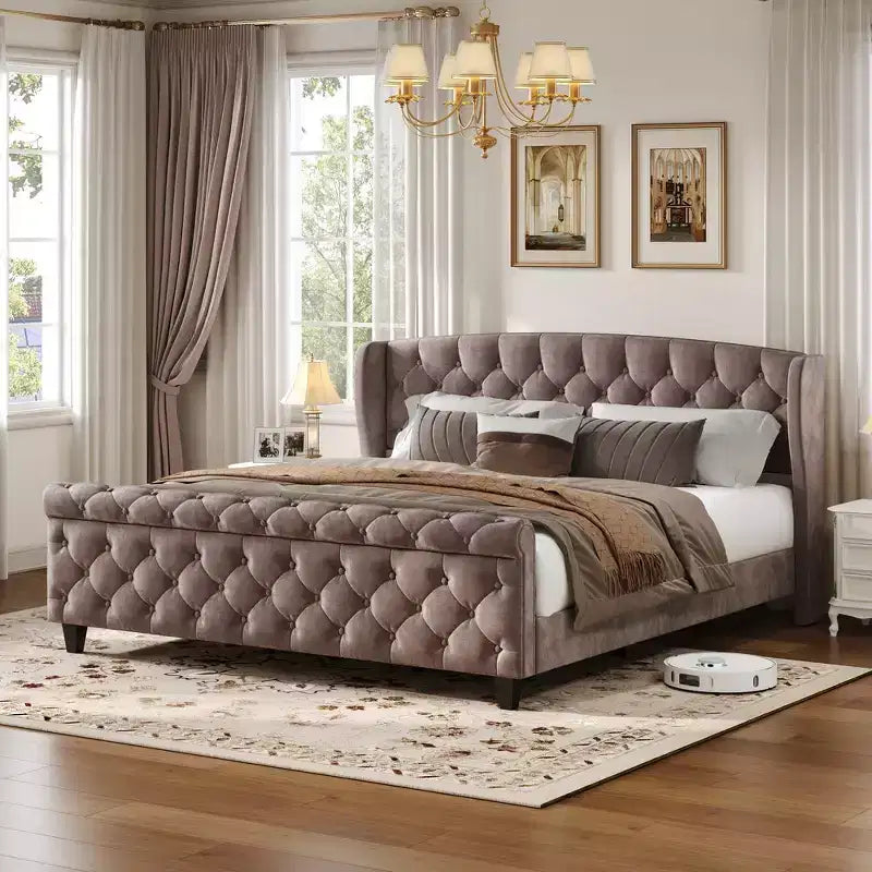 Telaio Letto Queen a Slitta da 43,3'' con Testiera a Orecchioni, Pediera a Volute, Velluto Trapuntato a Bottoni, Ferramenta Antiruggine, Supporto Robusto